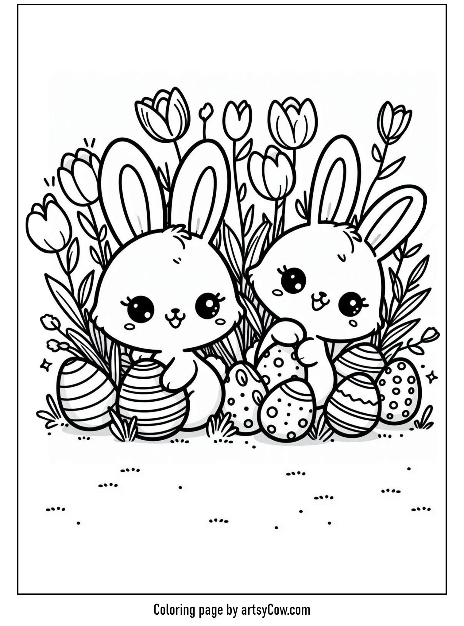 Easter coloring pages for kids with two adorable bunnies hiding among tulips and decorated Easter eggs.